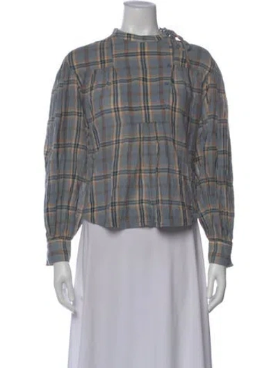 Pre-owned Ulla Johnson Plaid Print Tie Neck Blouse In Blue