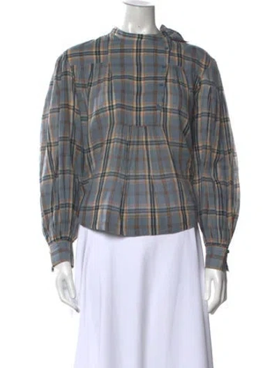 Pre-owned Ulla Johnson Plaid Print Tie Neck Blouse In Blue