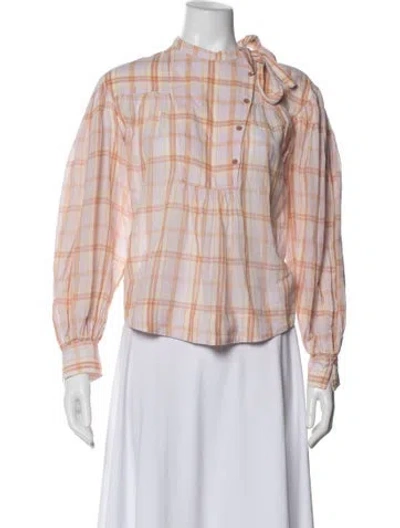 Pre-owned Ulla Johnson Plaid Print Tie Neck Blouse In Orange