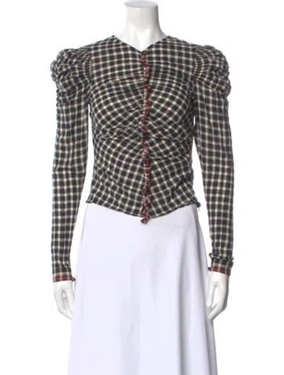 Pre-owned Ulla Johnson Plaid Print V-neck Blouse In Black