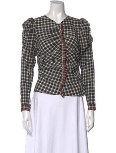 Pre-owned Ulla Johnson Plaid Print V-neck Blouse In Black