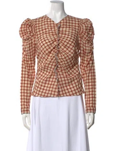 Pre-owned Ulla Johnson Plaid Print V-neck Blouse W/ Tags In Neutral