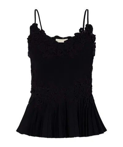 Ulla Johnson Estelle Pleated Crochet-trimmed Ribbed Jersey Tank In Black
