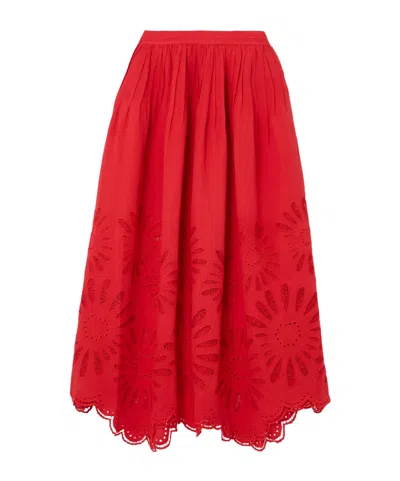 Ulla Johnson Pleated Embroidered Trim Midi Skirt In Red