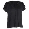 Ulla Johnson Pleated Ruffled Short Sleeve Blouse In Black Polyester In Black