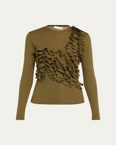 Ulla Johnson Polina Ruffled Jersey Long-sleeve Top In Green