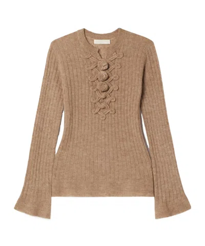 Ulla Johnson Magda Pompom-detailed Ribbed Alpaca-blend Sweater In Brown
