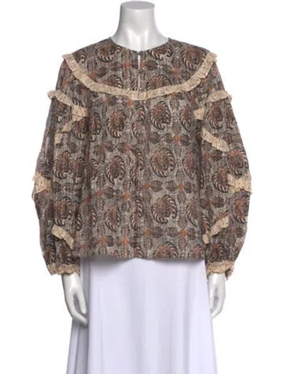 Pre-owned Ulla Johnson Printed Crew Neck Blouse W/ Tags In Brown