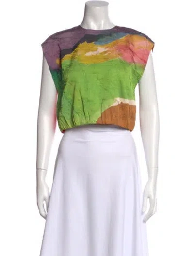 Pre-owned Ulla Johnson Printed Crew Neck Crop Top W/ Tags In Green