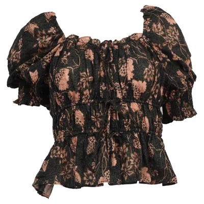 Ulla Johnson Printed Gathered Blouse In Black Cotton
