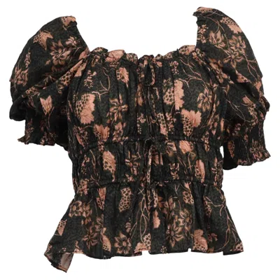 Pre-owned Ulla Johnson Printed Gathered Blouse In Black Cotton