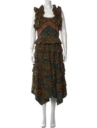 Pre-owned Ulla Johnson Printed Long Dress In Green