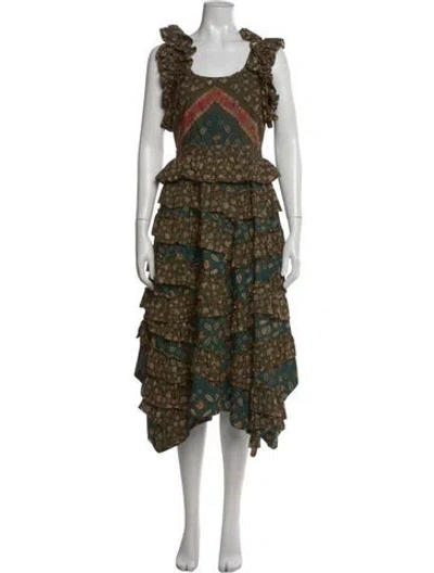 Pre-owned Ulla Johnson Printed Midi Length Dress In Green