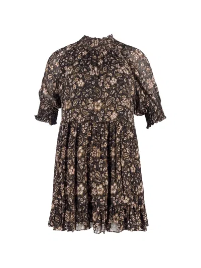 Pre-owned Ulla Johnson Printed Mock-neck Mini Dress In Black