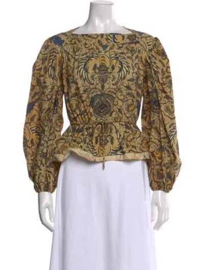 Pre-owned Ulla Johnson Printed Square Neckline Blouse In Brown