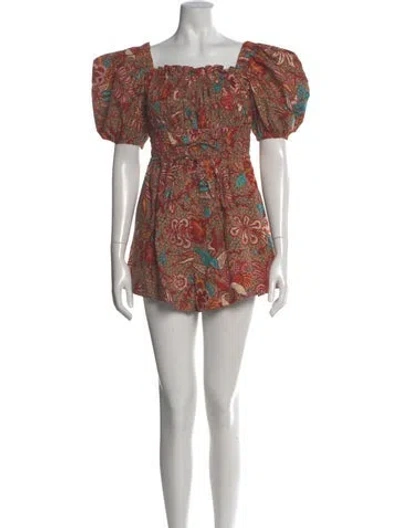 Pre-owned Ulla Johnson Printed Square Neckline Romper In Burgundy