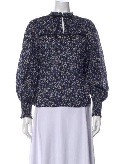Pre-owned Ulla Johnson Printed Tie Neck Blouse In Black/blue/white