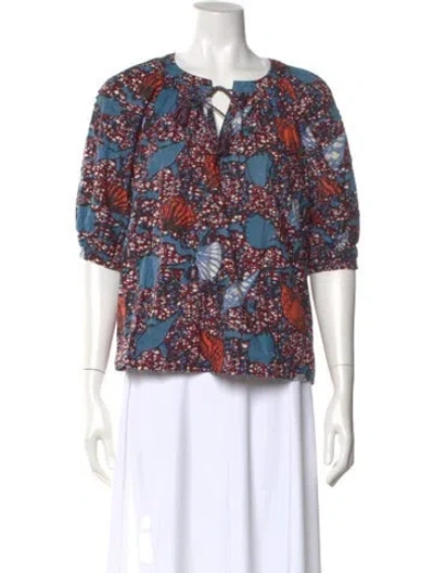 Pre-owned Ulla Johnson Printed Tie Neck Blouse In Blue