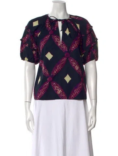 Pre-owned Ulla Johnson Printed Tie Neck Blouse In Blue