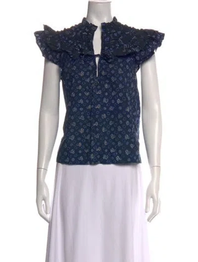 Pre-owned Ulla Johnson Printed Tie Neck Blouse In Blue