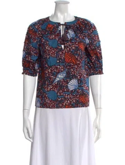 Pre-owned Ulla Johnson Printed Tie Neck Blouse In Blue