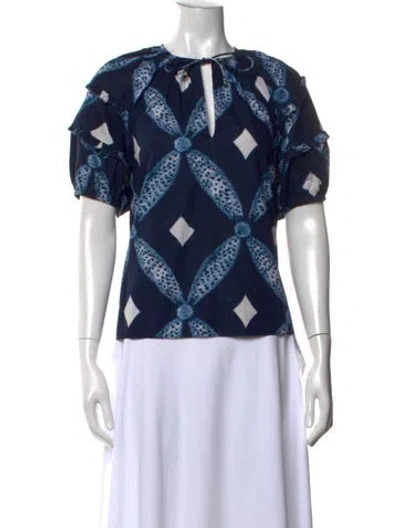 Pre-owned Ulla Johnson Printed Tie Neck Blouse In Blue