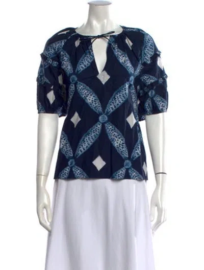 Pre-owned Ulla Johnson Printed Tie Neck Blouse In Blue