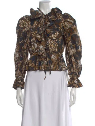 Pre-owned Ulla Johnson Printed Tie Neck Blouse In Brown