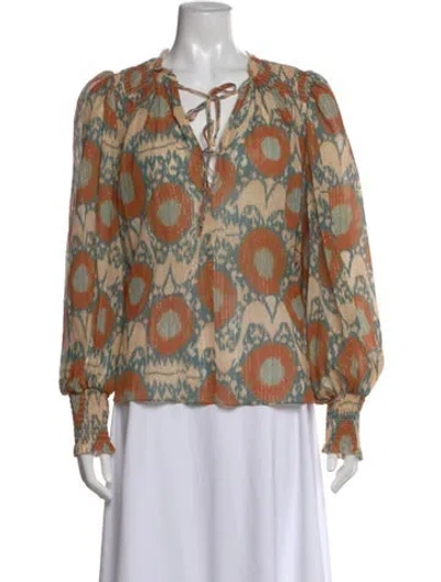 Pre-owned Ulla Johnson Printed Tie Neck Blouse W/ Tags In Orange