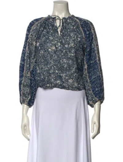 Pre-owned Ulla Johnson Printed Tie Neck Crop Top In Blue