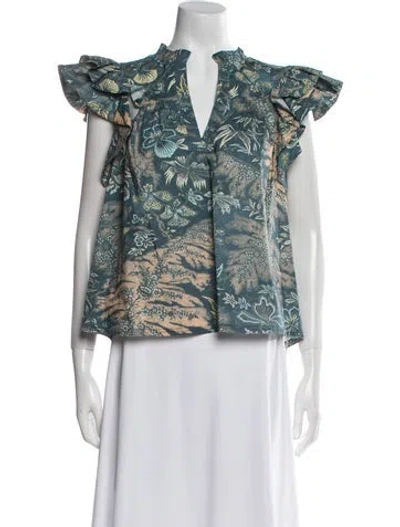 Pre-owned Ulla Johnson Printed V-neck Blouse In Blue