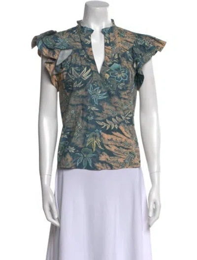 Pre-owned Ulla Johnson Printed V-neck Blouse In Blue