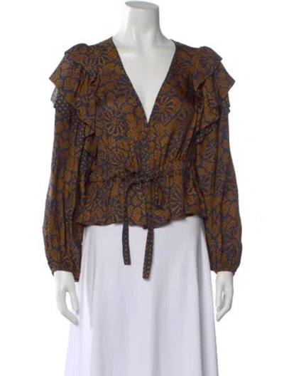 Pre-owned Ulla Johnson Printed V-neck Blouse In Blue