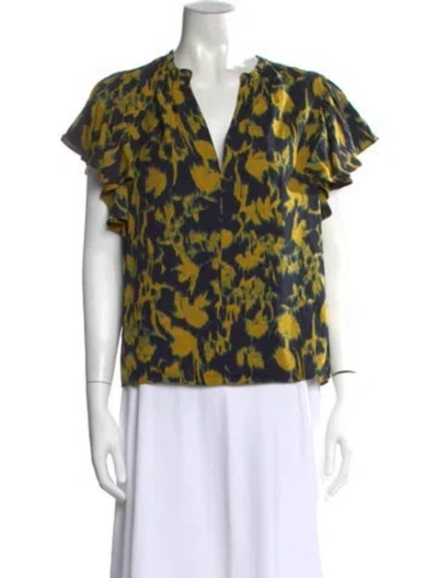 Pre-owned Ulla Johnson Printed V-neck Blouse In Blue