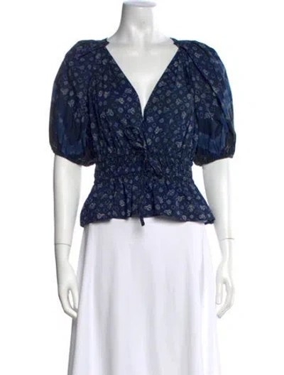 Pre-owned Ulla Johnson Printed V-neck Blouse In Blue