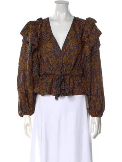Pre-owned Ulla Johnson Printed V-neck Blouse W/ Tags In Blue