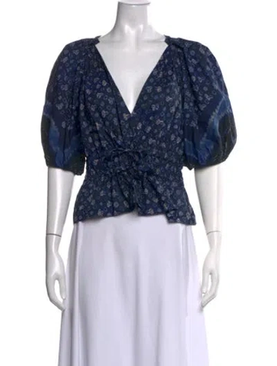 Pre-owned Ulla Johnson Printed V-neck Blouse W/ Tags In Blue