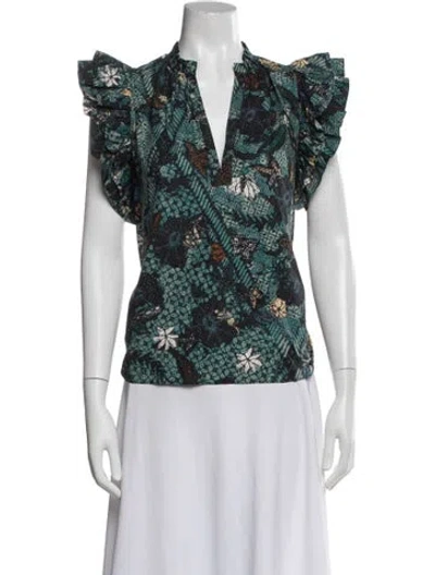 Pre-owned Ulla Johnson Printed V-neck Blouse In White