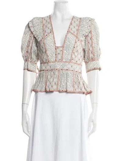 Pre-owned Ulla Johnson Printed V-neck Blouse In White