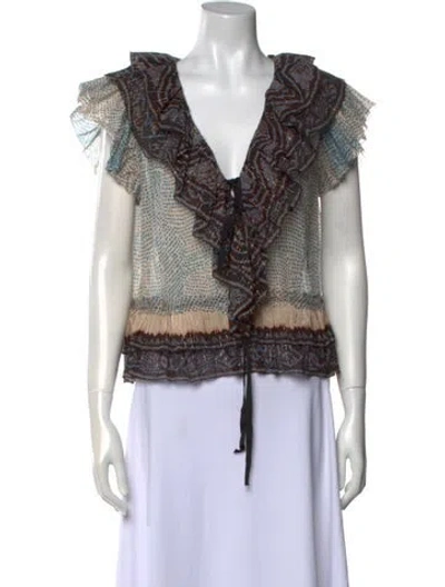 Pre-owned Ulla Johnson Printed V-neck Crop Top In Blue