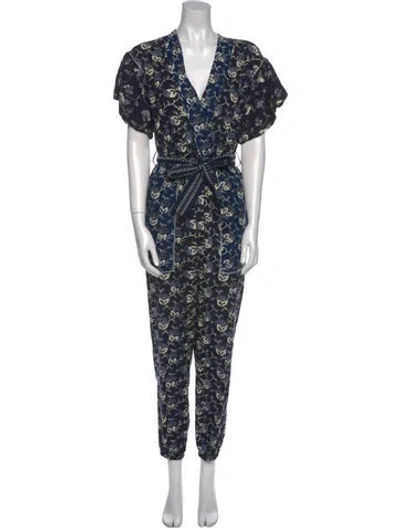 Pre-owned Ulla Johnson Printed V-neck Jumpsuit In Blue