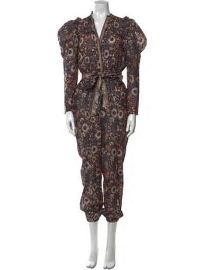 Pre-owned Ulla Johnson Printed V-neck Jumpsuit In Brown