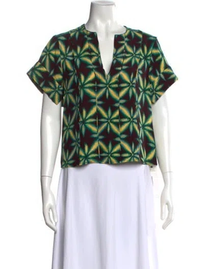 Pre-owned Ulla Johnson Printed V-neck Top In Green