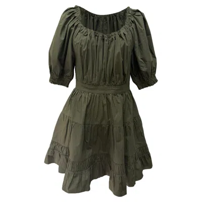 Ulla Johnson Puffed Sleeve Mini Tiered Dress In Olive Cotton In Green