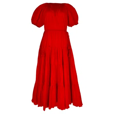 Pre-owned Ulla Johnson Puffed-sleeve Midi Tiered Dress In Red Cotton