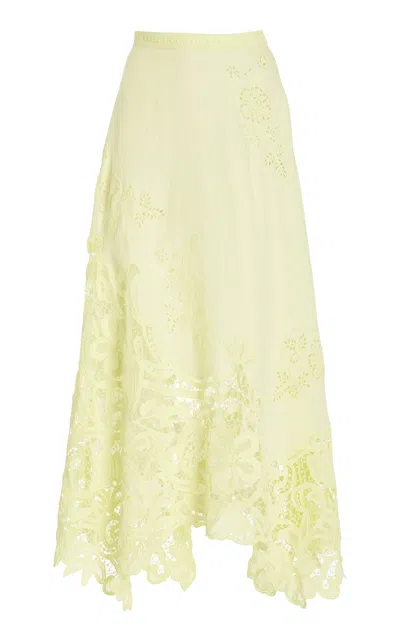 Ulla Johnson Rae Embroidered Linen Maxi Skirt In Lime Green