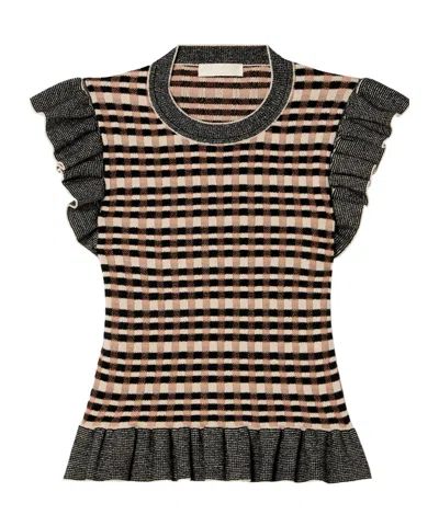 Ulla Johnson Rea Ruffled Plaid Jacquard Knit Top In Black