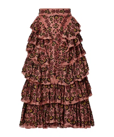 Ulla Johnson Reesha Embellished Tiered Linen And Silk-blend Midi Skirt In Brown