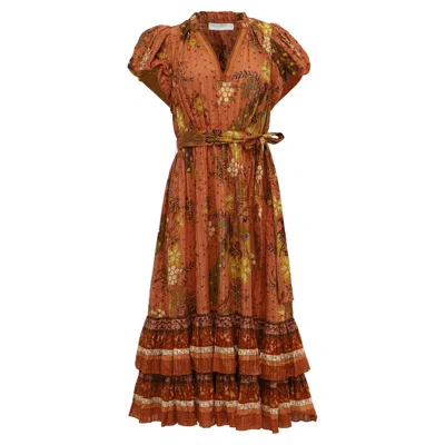 Ulla Johnson Remi Printed Tiered Midi Dress In Orange Cotton In Brown