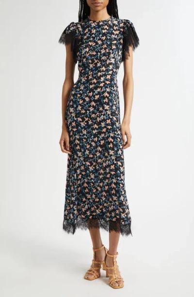 Ulla Johnson Renee Lace Trim Flutter Sleeve Silk Cocktail Dress In Black